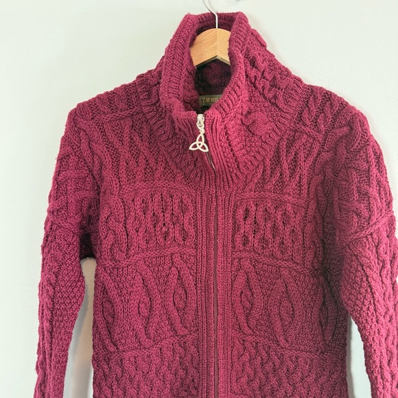 Inis Crafts Sweaters - Inis Crafts 100% Wool Burgundy Cable Knit Cardigan, Size M
